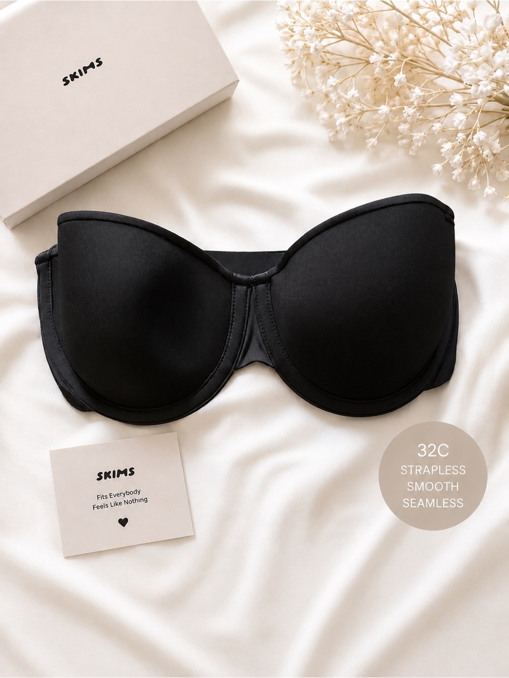 🖤 SKIMS Black Strapless Underwire Bra 32C Smooth Contour Seamless Nude Essential